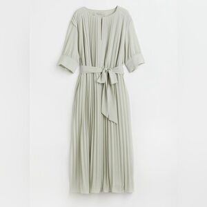 H&M Pleated Belted Chiffon Midi Dress Mint Green Size Medium Spring Easter